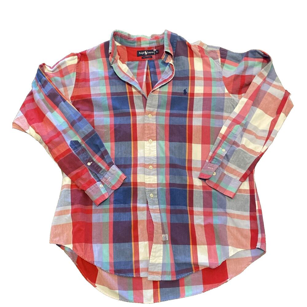 Vtg 90s Ralph Lauren Blue Label Red Plaid Soft Cotton Shirt XL Long Sleeve